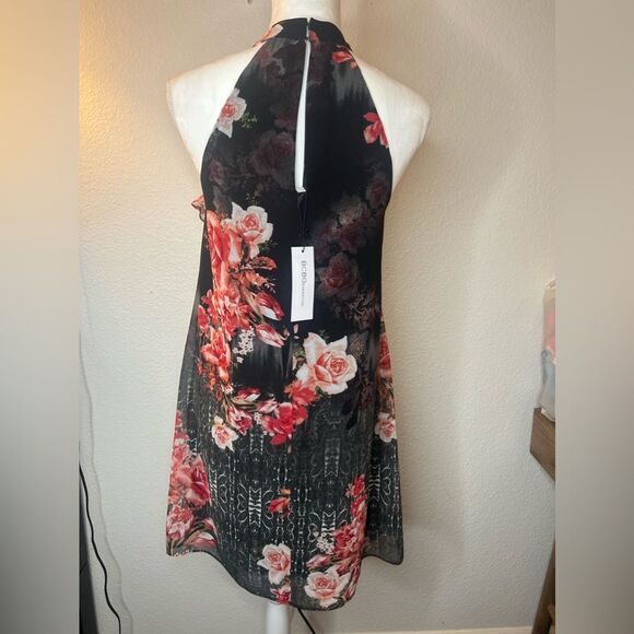 BCBGeneration Halter Dress Black Red Floral Ruffle - Picture 3 of 3